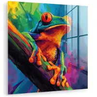 MuchoWow Glasschilderij 20x20 cm - Schilderij acrylglas - Kikker - Felgekleurd - Tak - Regenboog - Foto op glas - Muurdecoratie woonkamer - Wanddecoratie slaapkamer - Schilderijen