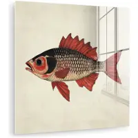 MuchoWow Glasschilderij 90x90 cm - Schilderij acrylglas - Schubben - Rood - Vis - Vinnen - Foto op glas - Muurdecoratie woonkamer - Wanddecoratie slaapkamer - Schilderijen