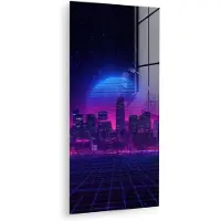 MuchoWow Glasschilderij 80x160 cm - Schilderij acrylglas - Skyline - Zon - Neon - Rasterpatroon - Foto op glas - Muurdecoratie woonkamer - Wanddecoratie slaapkamer - Schilderijen