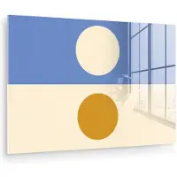 MuchoWow Glasschilderij 90x60 cm - Schilderij acrylglas - Cirkels - Symmetrisch - Wit - Blauw- Geel - Foto op glas - Muurdecoratie woonkamer - Wanddecoratie slaapkamer - Schilderijen