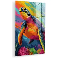 MuchoWow Glasschilderij 60x90 cm - Schilderij acrylglas - Koraal - Schildpad - Abstract - Water - Foto op glas - Muurdecoratie woonkamer - Wanddecoratie slaapkamer - Schilderijen