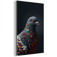 MuchoWow Aluminium schilderij 40x60 cm - Wanddecoratie metaal - Duif - Bloemen - Zwart - Metalen muurdecoratie woonkamer - Decoratie industrieel - Foto op dibond - Industriële accessoires slaapkamer