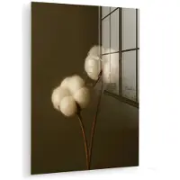 MuchoWow Glasschilderij 30x40 cm - Schilderij acrylglas - Takken - Katoen - Wit - Bollen - Foto op glas - Muurdecoratie woonkamer - Wanddecoratie slaapkamer - Schilderijen