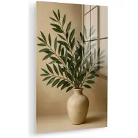 MuchoWow Glasschilderij 40x60 cm - Schilderij acrylglas - Vaas - Olijftakken - Bladeren - Beige - Foto op glas - Muurdecoratie woonkamer - Wanddecoratie slaapkamer - Schilderijen
