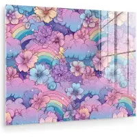 MuchoWow Glasschilderij 120x90 cm - Schilderij acrylglas - Regenbogen - Bloemen - Kleurrijk - Wolken - Foto op glas - Muurdecoratie woonkamer - Wanddecoratie slaapkamer - Schilderijen