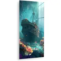 MuchoWow Glasschilderij 80x160 cm - Schilderij acrylglas - Schip - Hout - Koraalriffen - Zonlicht - Foto op glas - Muurdecoratie woonkamer - Wanddecoratie slaapkamer - Schilderijen
