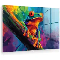 MuchoWow Glasschilderij 30x20 cm - Schilderij acrylglas - Kikker - Felgekleurd - Tak - Regenboog - Foto op glas - Muurdecoratie woonkamer - Wanddecoratie slaapkamer - Schilderijen