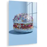 MuchoWow Glasschilderij 120x160 cm - Schilderij acrylglas - Glitters - Hamburger - Blauw - Foto op glas - Muurdecoratie woonkamer - Wanddecoratie slaapkamer - Schilderijen