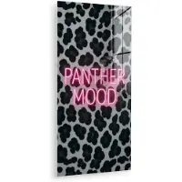 MuchoWow Glasschilderij 80x160 cm - Schilderij acrylglas - Panterprint - Zwart - Neonletters - Roze - Foto op glas - Muurdecoratie woonkamer - Wanddecoratie slaapkamer - Schilderijen