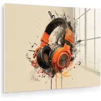 MuchoWow Glasschilderij 160x120 cm - Schilderij acrylglas - Koptelefoon - Oranje - Explosief - Foto op glas - Muurdecoratie woonkamer - Wanddecoratie slaapkamer - Schilderijen