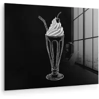 MuchoWow Glasschilderij 80x60 cm - Schilderij acrylglas - Ijscoupe - Kers - Krijtstijl - Slagroom - Foto op glas - Muurdecoratie woonkamer - Wanddecoratie slaapkamer - Schilderijen