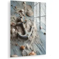 MuchoWow Glasschilderij 90x120 cm - Schilderij acrylglas - Anker - Hout - Schelpen - Zand - Foto op glas - Muurdecoratie woonkamer - Wanddecoratie slaapkamer - Schilderijen
