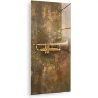 MuchoWow Glasschilderij 40x80 cm - Schilderij acrylglas - Trompet - Geel - Muzikaal - Foto op glas - Muurdecoratie woonkamer - Wanddecoratie slaapkamer - Schilderijen