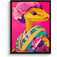 PosterMonkey Poster in lijst - Fotolijst 60x80 cm - Posters - Hagedis - Bloemen - Roze - Kimono - Posterlijst zwart - Decoratie - Wanddecoratie woonkamer - Muurdecoratie slaapkamer