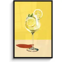PosterMonkey Poster in lijst - Fotolijst 80x120 cm - Posters - Wijnglas - Citroen - Geel - Minimalistisch - Posterlijst zwart - Decoratie - Wanddecoratie woonkamer - Muurdecoratie slaapkamer
