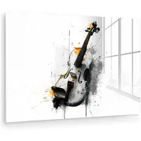 MuchoWow Glasschilderij 30x20 cm - Schilderij acrylglas - Viool - Oranje - Zwart - Penseelstreken - Foto op glas - Muurdecoratie woonkamer - Wanddecoratie slaapkamer - Schilderijen