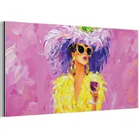 MuchoWow Aluminium schilderij 120x60 cm - Wanddecoratie metaal - Zonnebril - Vrouw - Jas - Veren - Metalen muurdecoratie woonkamer - Decoratie industrieel - Foto op dibond - Industriële accessoires slaapkamer