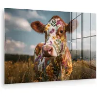 MuchoWow Glasschilderij 180x120 cm - Schilderij acrylglas - Koe - Bloemen - Weiland - Foto op glas - Muurdecoratie woonkamer - Wanddecoratie slaapkamer - Schilderijen