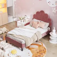 Merax Gestoffeerd bed - kinderbed 90 x 200 cm met gebloemd hoofdeinde en lattenbodem - meisjesbed - boonpasta rood - zonder matras
