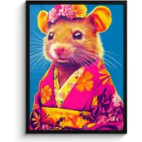 PosterMonkey Poster in lijst - Fotolijst 60x80 cm - Posters - Muis - Kimono - Bloemen - Blauw - Posterlijst zwart - Decoratie - Wanddecoratie woonkamer - Muurdecoratie slaapkamer