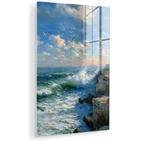 MuchoWow Glasschilderij 120x180 cm - Schilderij acrylglas - Zee - Golven - Rotsen - Meeuwen - Foto op glas - Muurdecoratie woonkamer - Wanddecoratie slaapkamer - Schilderijen