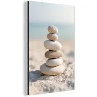 MuchoWow Aluminium schilderij 80x120 cm - Wanddecoratie metaal - Stenen - Stapel - Zand - Zee - Metalen muurdecoratie woonkamer - Decoratie industrieel - Foto op dibond - Industriële accessoires slaapkamer