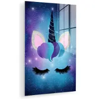 MuchoWow Glasschilderij 120x180 cm - Schilderij acrylglas - Eenhoorn - Sterren - Magisch - Blauw - Foto op glas - Muurdecoratie woonkamer - Wanddecoratie slaapkamer - Schilderijen
