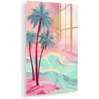 MuchoWow Glasschilderij 120x180 cm - Schilderij acrylglas - Palmbomen - Golven - Zee - Foto op glas - Muurdecoratie woonkamer - Wanddecoratie slaapkamer - Schilderijen