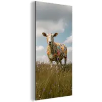 MuchoWow Aluminium schilderij 80x160 cm - Wanddecoratie metaal - Schaap - Bloemen - Weide - Metalen muurdecoratie woonkamer - Decoratie industrieel - Foto op dibond - Industriële accessoires slaapkamer