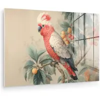 MuchoWow Glasschilderij 180x120 cm - Schilderij acrylglas - Roze kuifkaketoe - Tak met vruchten - Bladeren - Foto op glas - Muurdecoratie woonkamer - Wanddecoratie slaapkamer - Schilderijen