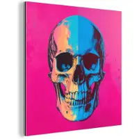 MuchoWow Aluminium schilderij 20x20 cm - Wanddecoratie metaal - Neon - Blauw - Pop-art - Schedel - Metalen muurdecoratie woonkamer - Decoratie industrieel - Foto op dibond - Industriële accessoires slaapkamer