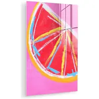 MuchoWow Glasschilderij 80x120 cm - Schilderij acrylglas - Grapefruit - Geschilderd - Roze - Strepen - Foto op glas - Muurdecoratie woonkamer - Wanddecoratie slaapkamer - Schilderijen