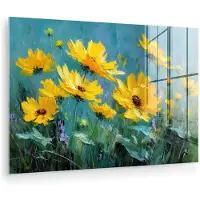 MuchoWow Glasschilderij 30x20 cm - Schilderij acrylglas - Penseelstreken - Bloemen - Felgeel - Abstract - Foto op glas - Muurdecoratie woonkamer - Wanddecoratie slaapkamer - Schilderijen