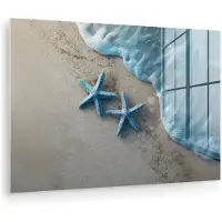 MuchoWow Glasschilderij 180x120 cm - Schilderij acrylglas - Zeesterren - Zand - Zee - Blauw - Foto op glas - Muurdecoratie woonkamer - Wanddecoratie slaapkamer - Schilderijen