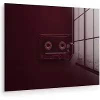 MuchoWow Glasschilderij 80x60 cm - Schilderij acrylglas - Cassetteband - Bordeaux - Vintage - Foto op glas - Muurdecoratie woonkamer - Wanddecoratie slaapkamer - Schilderijen