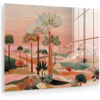 MuchoWow Glasschilderij 80x60 cm - Schilderij acrylglas - Roze landschap - Palmen - Water - Foto op glas - Muurdecoratie woonkamer - Wanddecoratie slaapkamer - Schilderijen