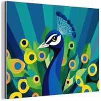 MuchoWow Aluminium schilderij 80x60 cm - Wanddecoratie metaal - Pauw - Cirkels - Blauw - Metalen muurdecoratie woonkamer - Decoratie industrieel - Foto op dibond - Industriële accessoires slaapkamer