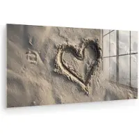 MuchoWow Glasschilderij 120x60 cm - Schilderij acrylglas - Hartvorm - Getekend - Beige - Zand - Foto op glas - Muurdecoratie woonkamer - Wanddecoratie slaapkamer - Schilderijen