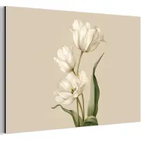 MuchoWow Aluminium schilderij 60x40 cm - Wanddecoratie metaal - Tulpen - Wit - Bladeren - Metalen muurdecoratie woonkamer - Decoratie industrieel - Foto op dibond - Industriële accessoires slaapkamer