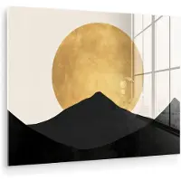 MuchoWow Glasschilderij 160x120 cm - Schilderij acrylglas - Bergsilhouetten - Gouden cirkel - Beige - Foto op glas - Muurdecoratie woonkamer - Wanddecoratie slaapkamer - Schilderijen
