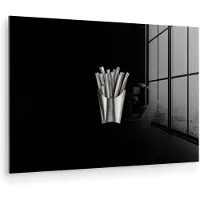 MuchoWow Glasschilderij 120x80 cm - Schilderij acrylglas - Frietjes - Futuristisch - Zilver - Foto op glas - Muurdecoratie woonkamer - Wanddecoratie slaapkamer - Schilderijen