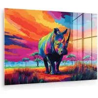 MuchoWow Glasschilderij 60x40 cm - Schilderij acrylglas - Neushoorn - Zonsondergang - Savanna - Kleurrijk - Foto op glas - Muurdecoratie woonkamer - Wanddecoratie slaapkamer - Schilderijen