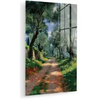 MuchoWow Glasschilderij 60x90 cm - Schilderij acrylglas - Pad - Bomen - Schaduw - - Foto op glas - Muurdecoratie woonkamer - Wanddecoratie slaapkamer - Schilderijen