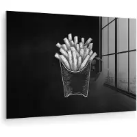 MuchoWow Glasschilderij 180x120 cm - Schilderij acrylglas - Friet - Witte krijttekening - Zwart - Foto op glas - Muurdecoratie woonkamer - Wanddecoratie slaapkamer - Schilderijen