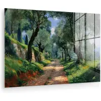 MuchoWow Glasschilderij 60x40 cm - Schilderij acrylglas - Pad - Bomen - Schaduw - - Foto op glas - Muurdecoratie woonkamer - Wanddecoratie slaapkamer - Schilderijen