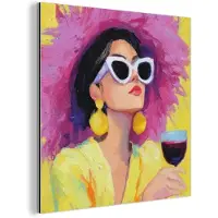 MuchoWow Aluminium schilderij 50x50 cm - Wanddecoratie metaal - Vrouw - Hoed - Paars - Wijn - Metalen muurdecoratie woonkamer - Decoratie industrieel - Foto op dibond - Industriële accessoires slaapkamer