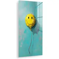 MuchoWow Glasschilderij 60x120 cm - Schilderij acrylglas - Ballon - Geel - Smiley - Foto op glas - Muurdecoratie woonkamer - Wanddecoratie slaapkamer - Schilderijen