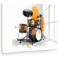 MuchoWow Glasschilderij 40x30 cm - Schilderij acrylglas - Drumstel - Oranje - Zwart - Aquarelverf - Foto op glas - Muurdecoratie woonkamer - Wanddecoratie slaapkamer - Schilderijen