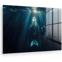 MuchoWow Glasschilderij 30x20 cm - Schilderij acrylglas - Walvis - Water - Zonnestralen - Blauw - Foto op glas - Muurdecoratie woonkamer - Wanddecoratie slaapkamer - Schilderijen