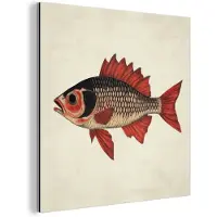 MuchoWow Aluminium schilderij 90x90 cm - Wanddecoratie metaal - Schubben - Rood - Vis - Vinnen - Metalen muurdecoratie woonkamer - Decoratie industrieel - Foto op dibond - Industriële accessoires slaapkamer